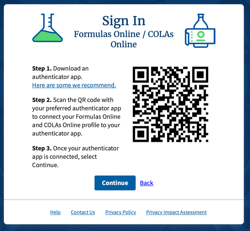 Authenticator app registration screen with a QR code