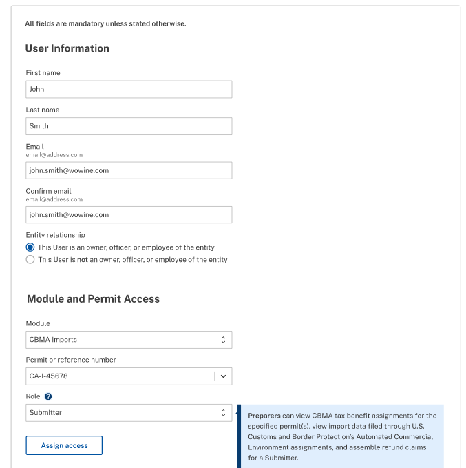 User Information form with module, permit, and role access fields