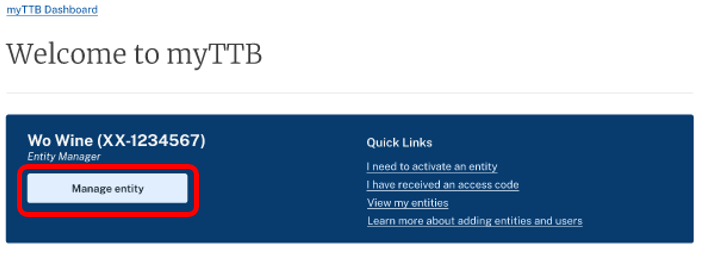 Manage entity button on the myTTB dashboard