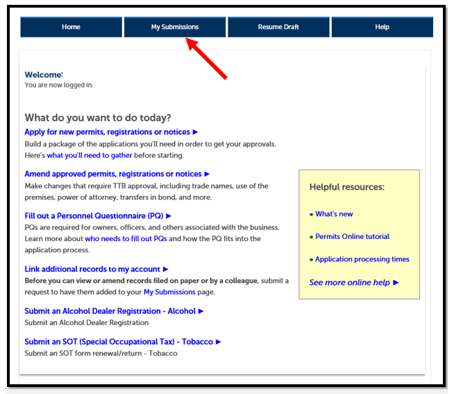 Permits Online screenshot 11: Login to Permits Online, and from the homepage select the "My Submissions" tab to find your application.