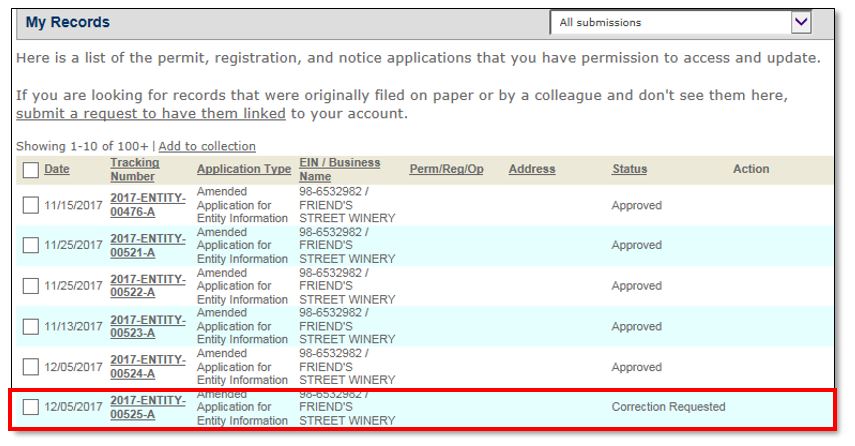 Permits Online screenshot 12: Select the application tracking number of the application you need to correct.