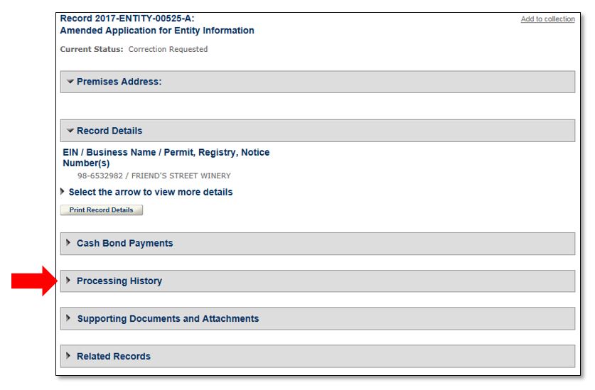 Permits Online screenshot 13: Select the arrow next to “Processing History.”