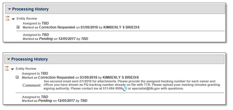 Permits Online screenshot 15: Select the plus sign (+) box to view the TTB comments regarding your application.