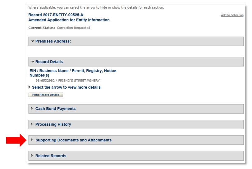Permits Online screenshot 17: Scroll down to the “Supporting Documents and Attachments” section. Click the arrow to expand the section.