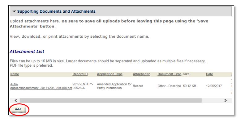Permits Online screenshot 18: Select the “Add” button below the Attachment List.