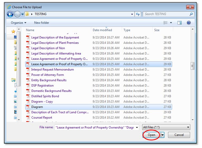 Permits Online screenshot 19: A browser window will open. You may select one or multiple documents to upload. Select “Open.”