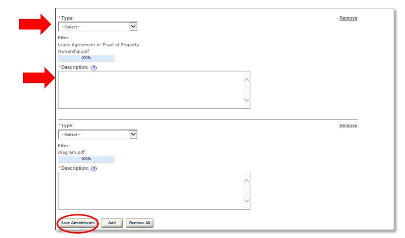 Permits Online screenshot 20: For each document you are uploading, select a document type from the dropdown and enter a description, and then select “Save…