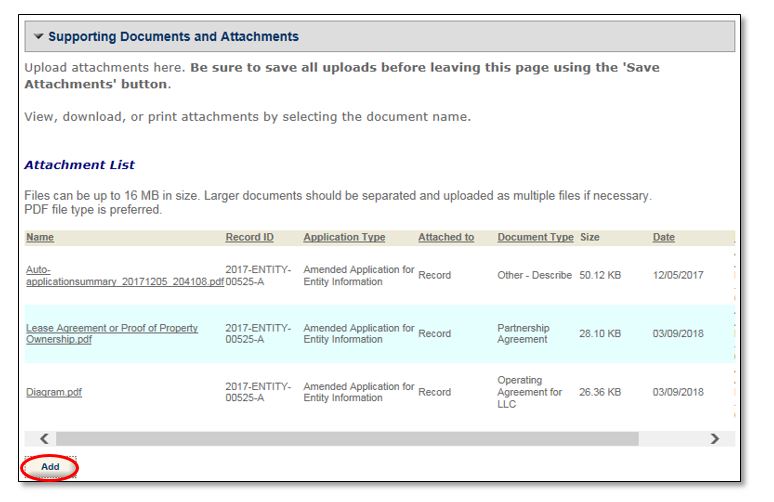 Permits Online screenshot 23: Each document you have uploaded will appear in the Attachment List.