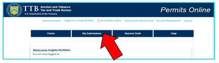 Permits Online screenshot 2: Click the ‘ My Submissions ’ button located at the top of the screen.