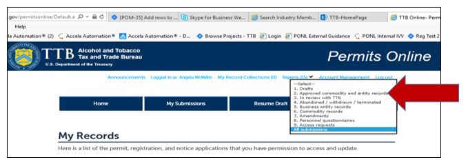 Permits Online screenshot 2: Filter your records by selecting Approved commodity and entity records from the dropdown