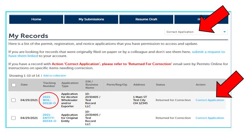 Permits Online screenshot 3: Click the “ Correct Application ” link for the application tracking number you need to correct.