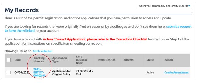 Permits Online screenshot 3: Locate the Tracking Number of the record you need to retrieve approval documents from and click on it