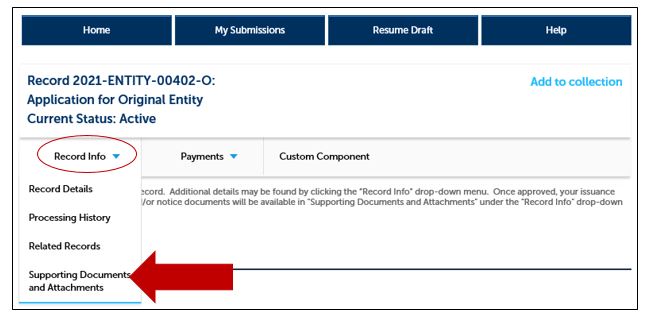 Permits Online screenshot 4: Click the arrow next to Record Info and select Supporting Documents and Attachments from the menu