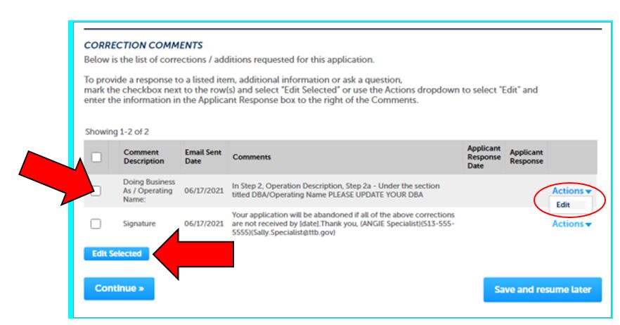 Permits Online screenshot 5: Mark the box next to the Comment Description and click the ‘Edit Selected’ button…