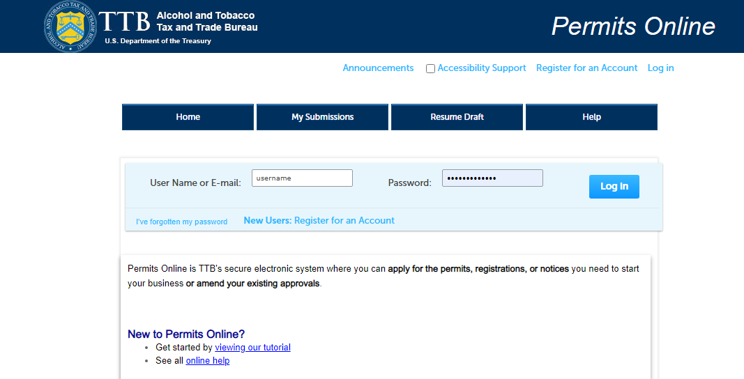 Permits Online sign-in page