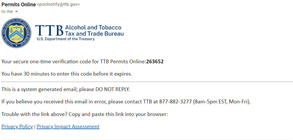 TTB one-time verification code email