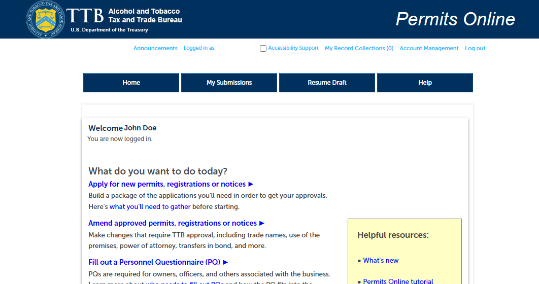 Permits Online welcome screen