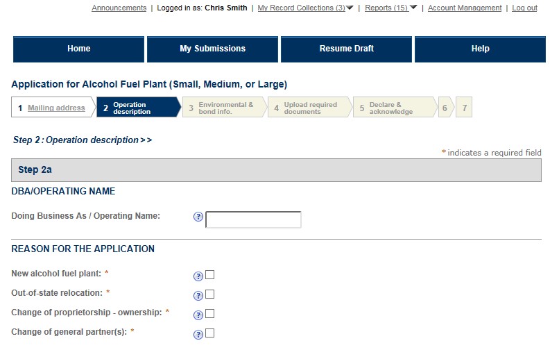 Permits Online screenshot 1: Step 2: Operation description