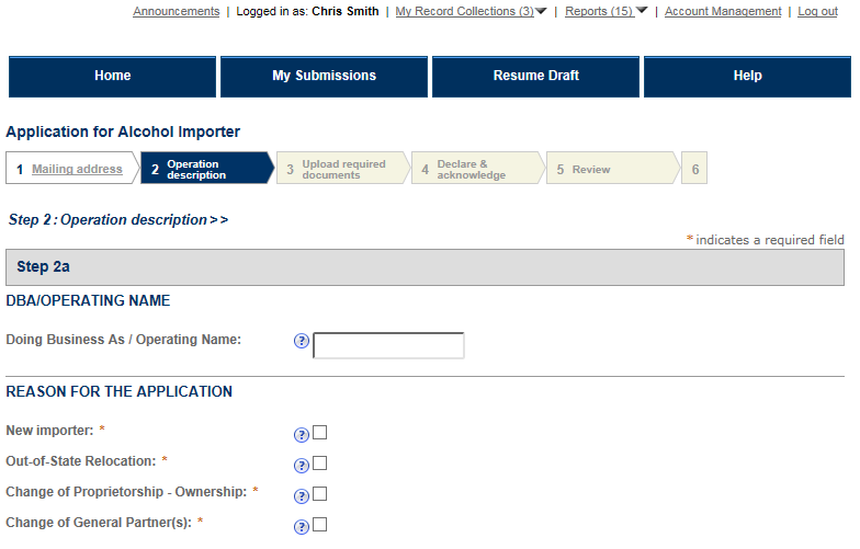 Permits Online screenshot 1: Step 2: Operation description