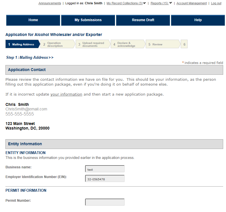 Permits Online screenshot 1: Step 1: Mailing Address