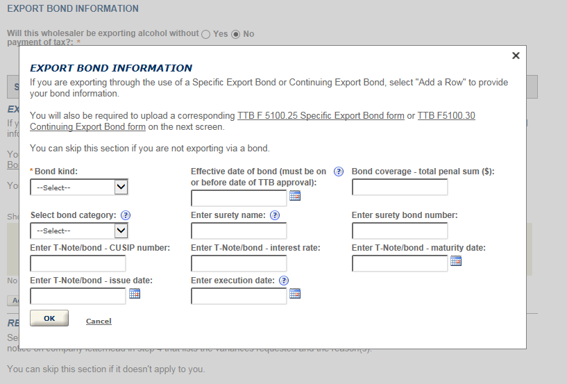 Permits Online screenshot 6: If you select "Yes" to "Will this wholesaler be exporting alcohol without payment of tax?" several other questions will…