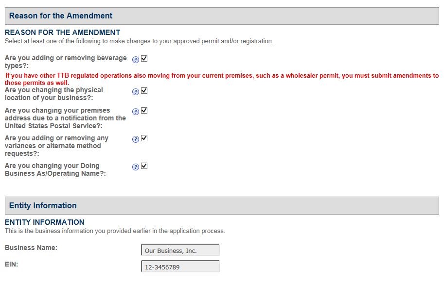 Permits Online screenshot 2: Step 1: Select amendment