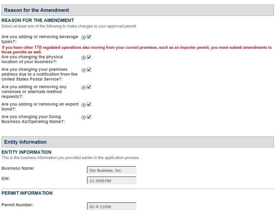 Permits Online screenshot 2: Step 1: Select amendment