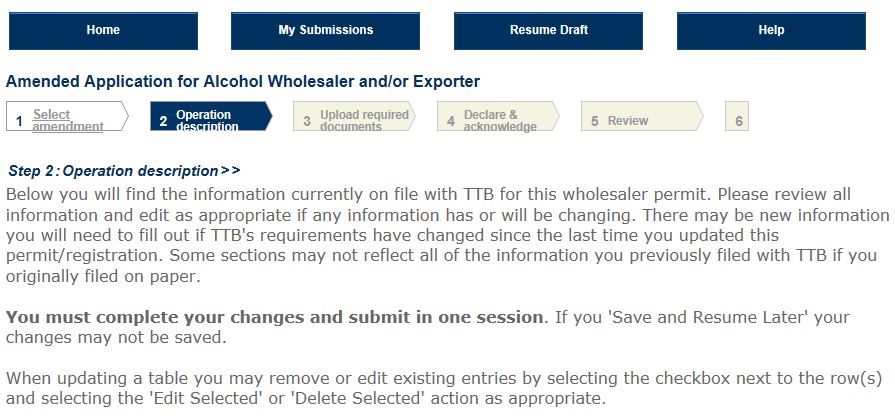 Permits Online screenshot 3: Step 1: Select amendment