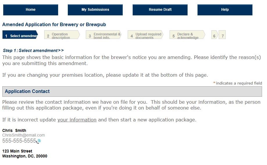 Permits Online screenshot 1: Step 1: Select amendment