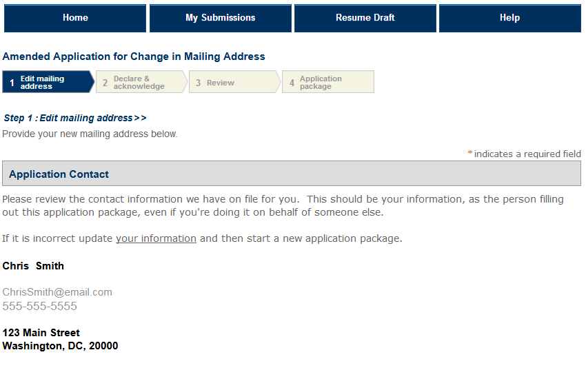 Permits Online screenshot 1: Step 1: Edit mailing address