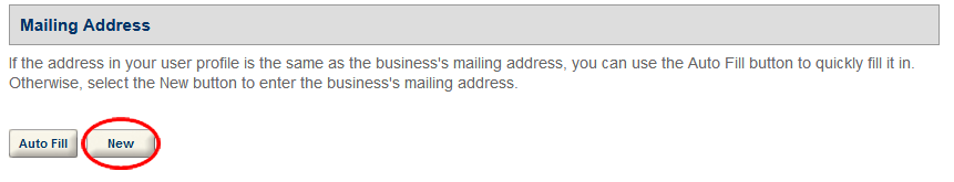 Permits Online screenshot 2: In the Mailing Address section, select the "New" button and enter the new premises mailing address in the Contact…