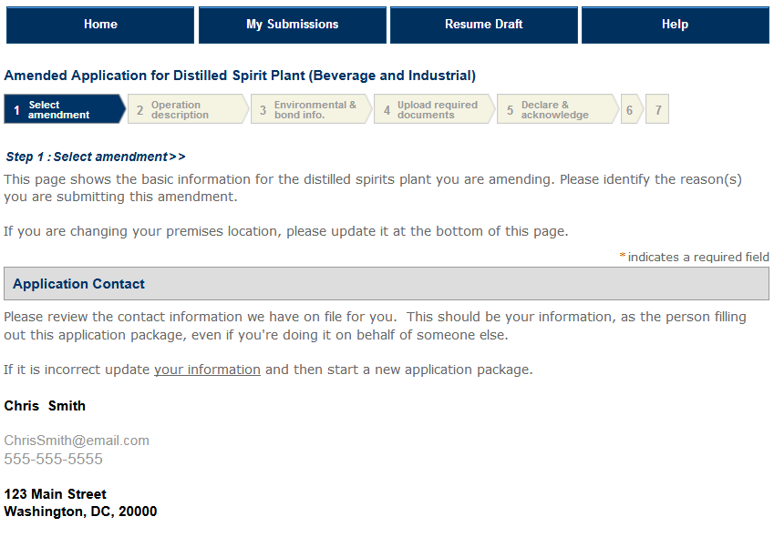 Permits Online screenshot 1: Step 1: Select amendment