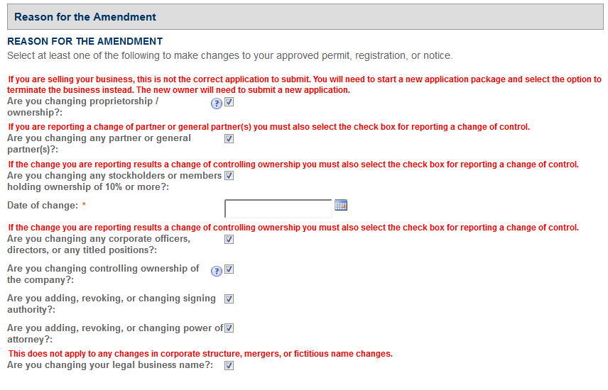 Permits Online screenshot 3: Step 1: Select amendment