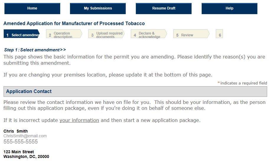 Permits Online screenshot 1: Step 1: Select amendment