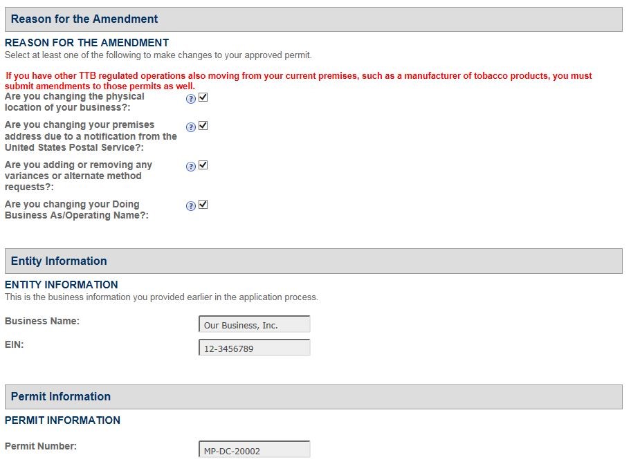 Permits Online screenshot 2: Step 1: Select amendment