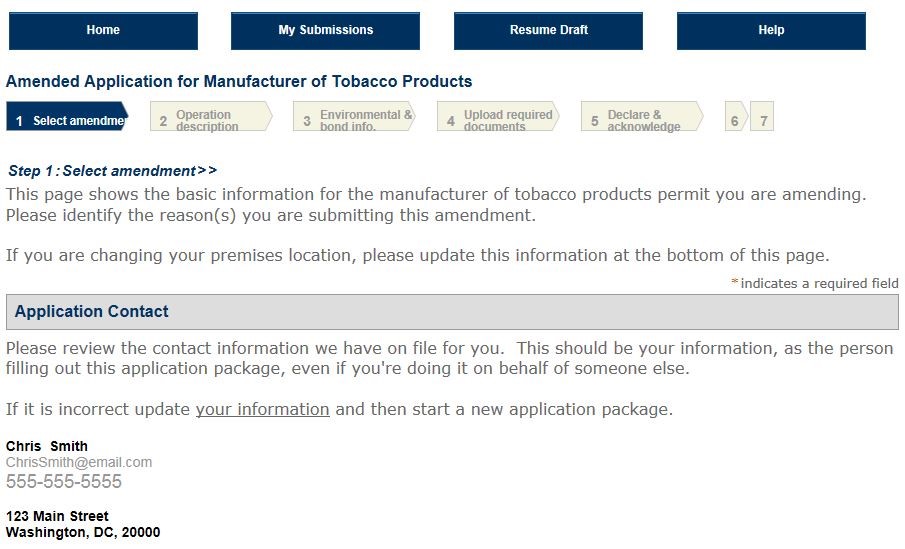 Permits Online screenshot 1: Step 1: Select amendment
