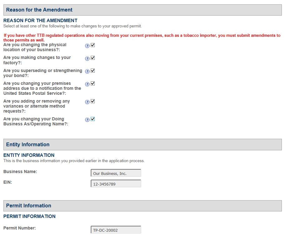 Permits Online screenshot 2: Step 1: Select amendment