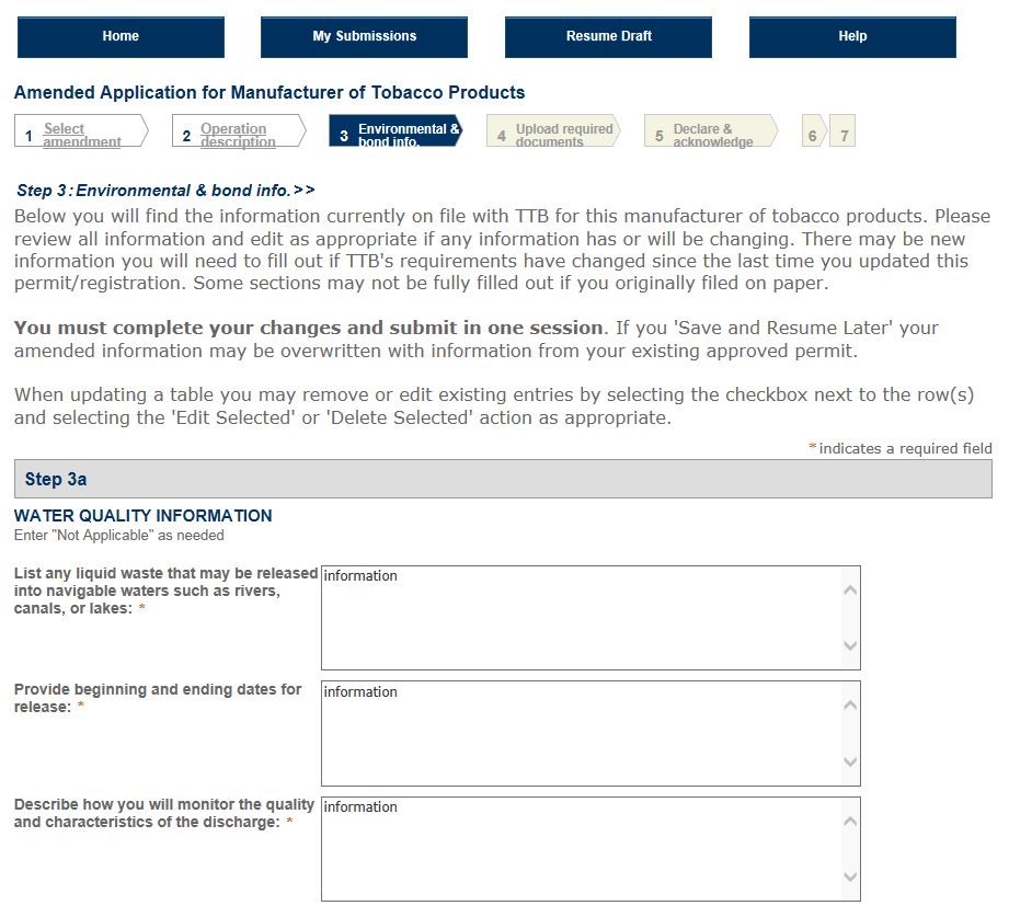 Permits Online screenshot 8: Step 3: Environmental & Bond info.
