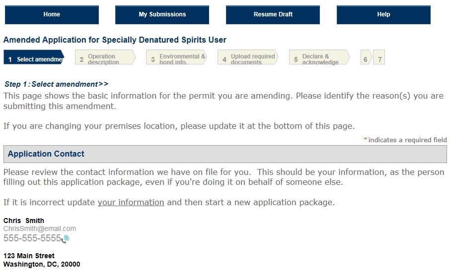 Permits Online screenshot 1: Step 1: Select amendment