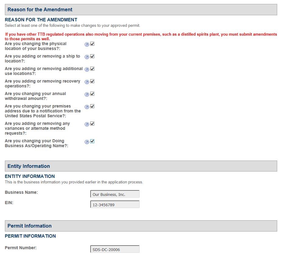Permits Online screenshot 2: Step 1: Select amendment