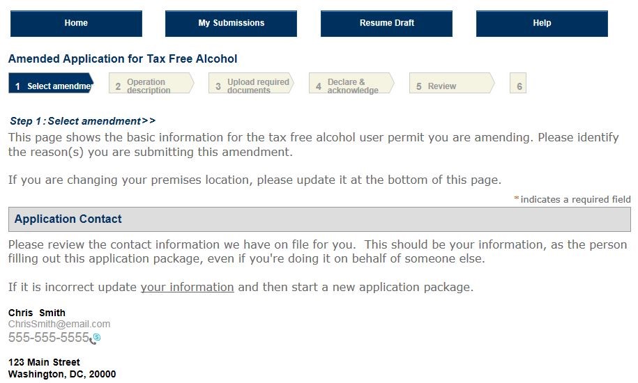 Permits Online Tax-Free Alcohol amendment screenshot 1: Select amendment and review application contact information.