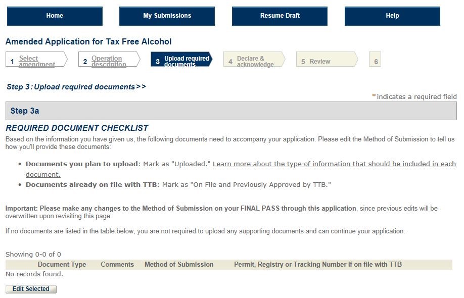 Permits Online Tax-Free Alcohol amendment screenshot 10: Review the required document checklist.