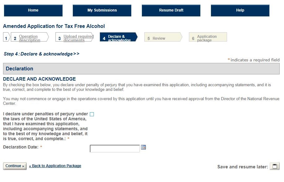 Permits Online Tax-Free Alcohol amendment screenshot 12: Complete the declaration and acknowledgement.