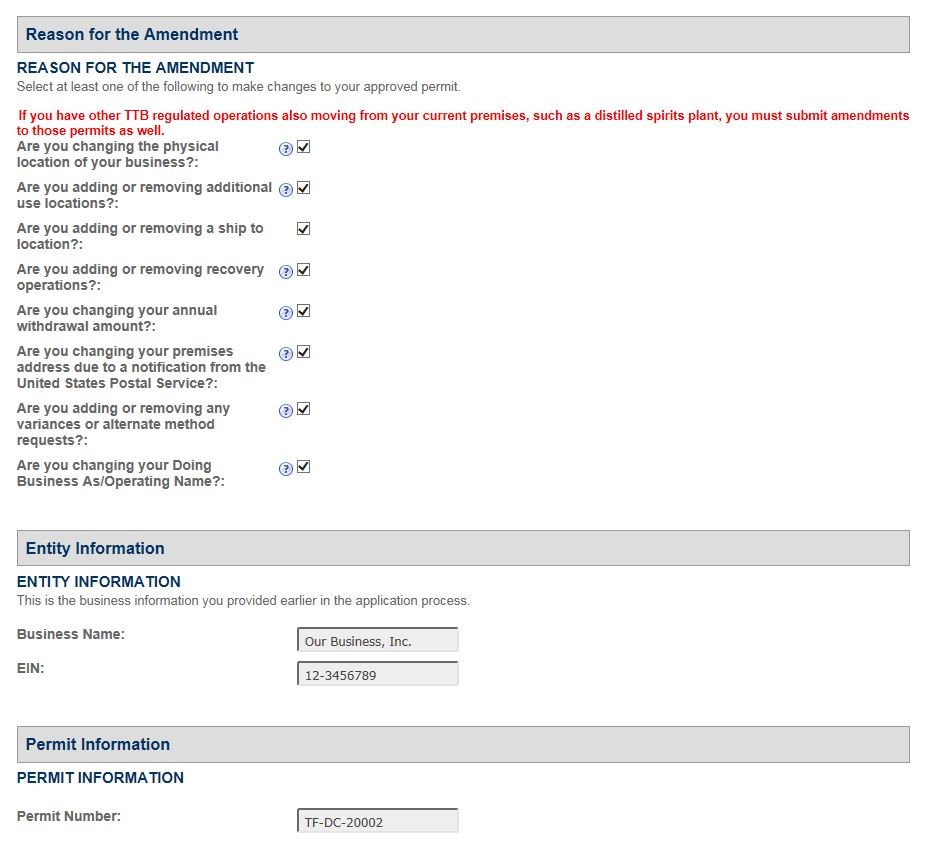 Permits Online Tax-Free Alcohol amendment screenshot 2: Select reasons for the amendment and review entity and permit information.