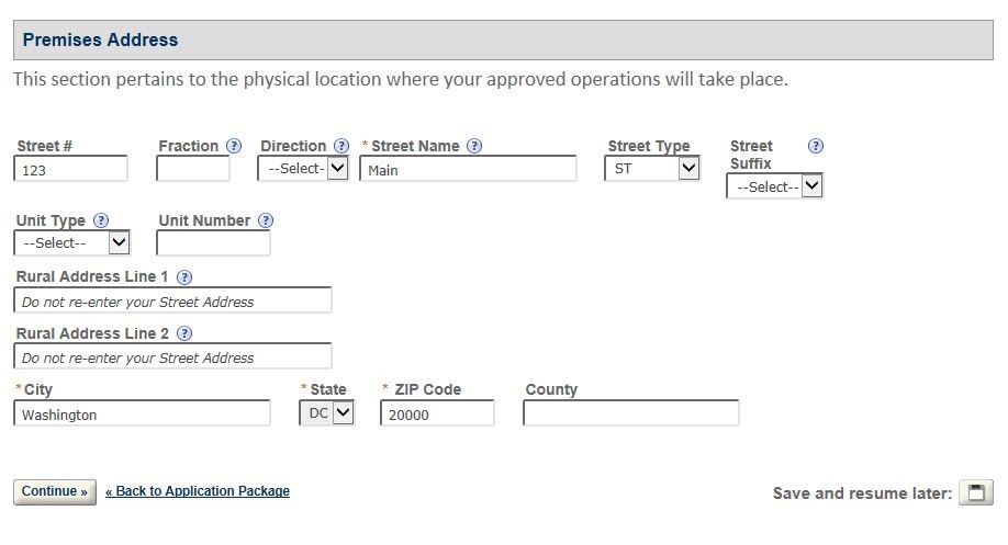 Permits Online Tax-Free Alcohol amendment screenshot 3: Enter the premises address.