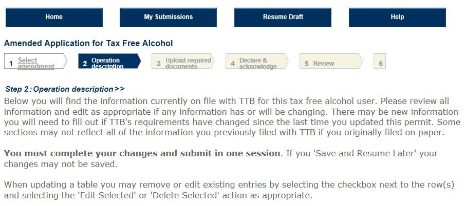 Permits Online Tax-Free Alcohol amendment screenshot 4: Review the operation description instructions.