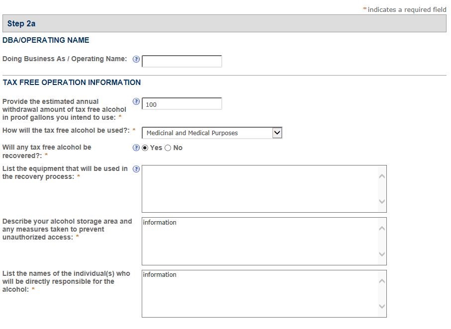 Permits Online Tax-Free Alcohol amendment screenshot 5: Enter the operating name and tax-free alcohol operation information.