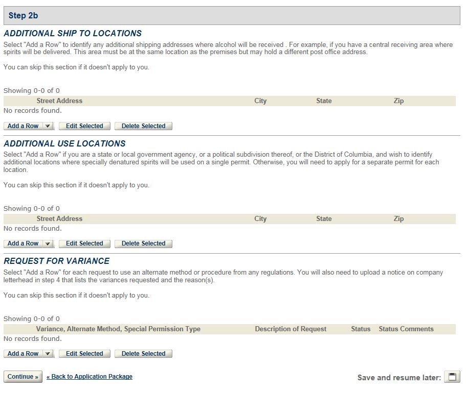 Permits Online Tax-Free Alcohol amendment screenshot 6: Manage ship-to locations, use locations, and variance requests.