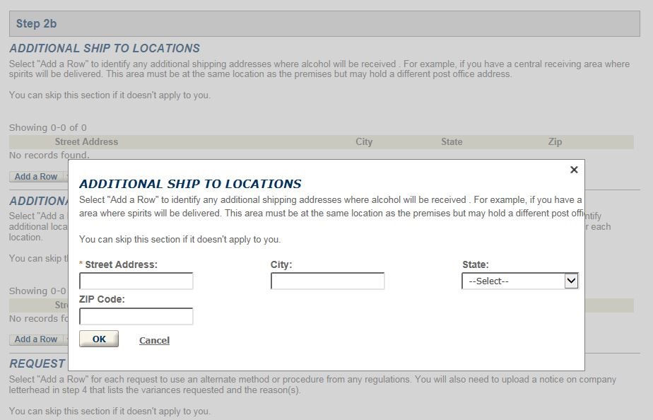 Permits Online Tax-Free Alcohol amendment screenshot 7: Add a ship-to location.