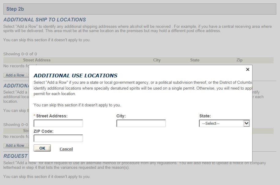 Permits Online Tax-Free Alcohol amendment screenshot 8: Add a use location.